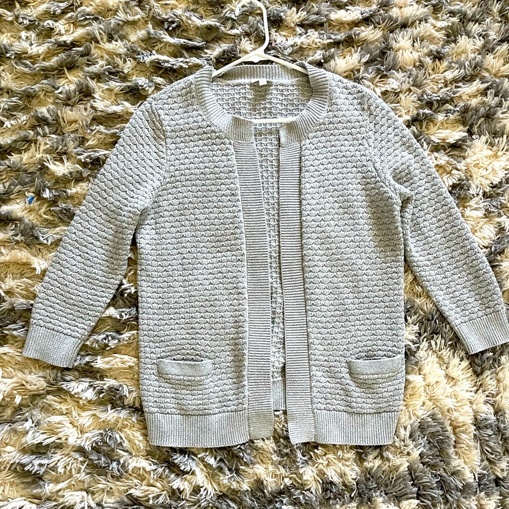 Beautiful Talbots size small woman’s petite cardigan sweater top silver gray